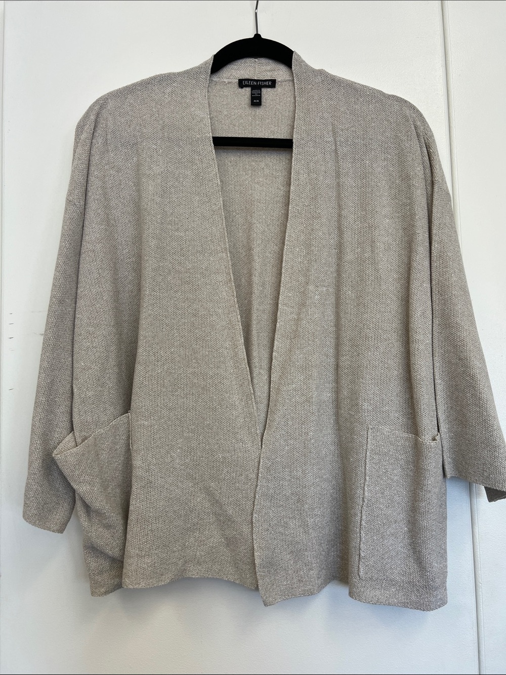 Eileen Fisher Open Front Cardigan Sweater with Pockets - Sand Neutral Linen Knit